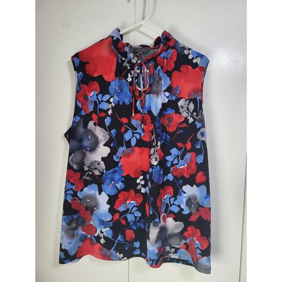 The Limited Women's SZ XL Red Blue Floral Ruffle Neck Sleeveless Blouse Top - Picture 2 of 8